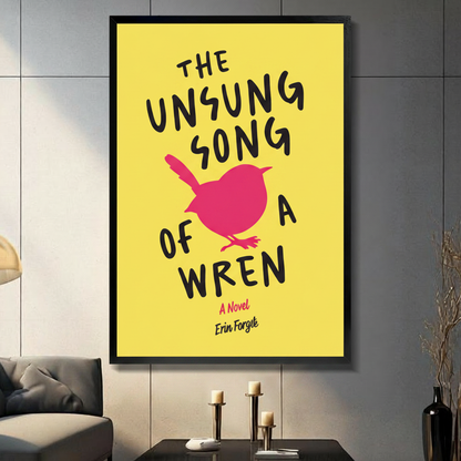 Black framed wren song typography canvas wall art with bold yellow background and pink bird silhouette displayed in a modern dark gray living room with candlesticks and black vase