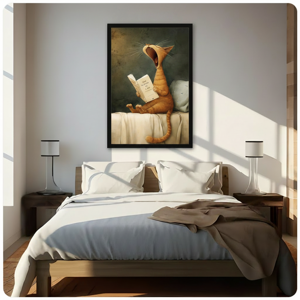 Yawning orange tabby cat reading book framed canvas displayed above bed in sunlit neutral bedroom - funny classical cat wall art for playful and cozy bedroom decor