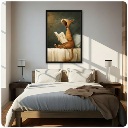 Yawning orange tabby cat reading book framed canvas displayed above bed in sunlit neutral bedroom - funny classical cat wall art for playful and cozy bedroom decor