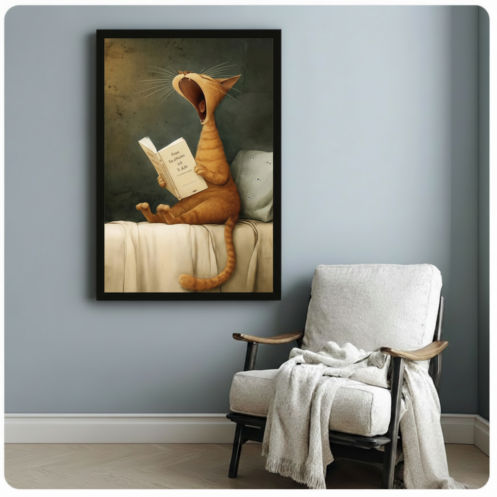 Framed yawning cat reading book wall art beside wooden accent chair with linen throw - humorous orange tabby cat canvas print for reading nook or study decor