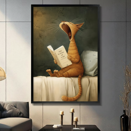Funny orange tabby cat yawning while reading a book on sofa framed wall art - humorous classical oil painting style cat canvas print for modern living room decor