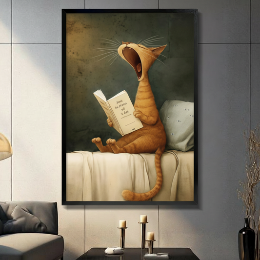 Funny orange tabby cat yawning while reading a book on sofa framed wall art - humorous classical oil painting style cat canvas print for modern living room decor