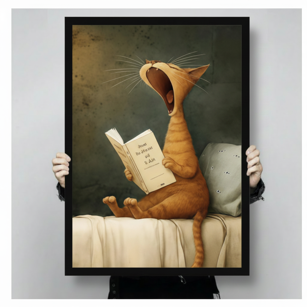 Hands holding large framed yawning orange cat reading book canvas print - full artwork detail of whimsical classical oil painting style tabby cat on sofa with blue-grey pillow