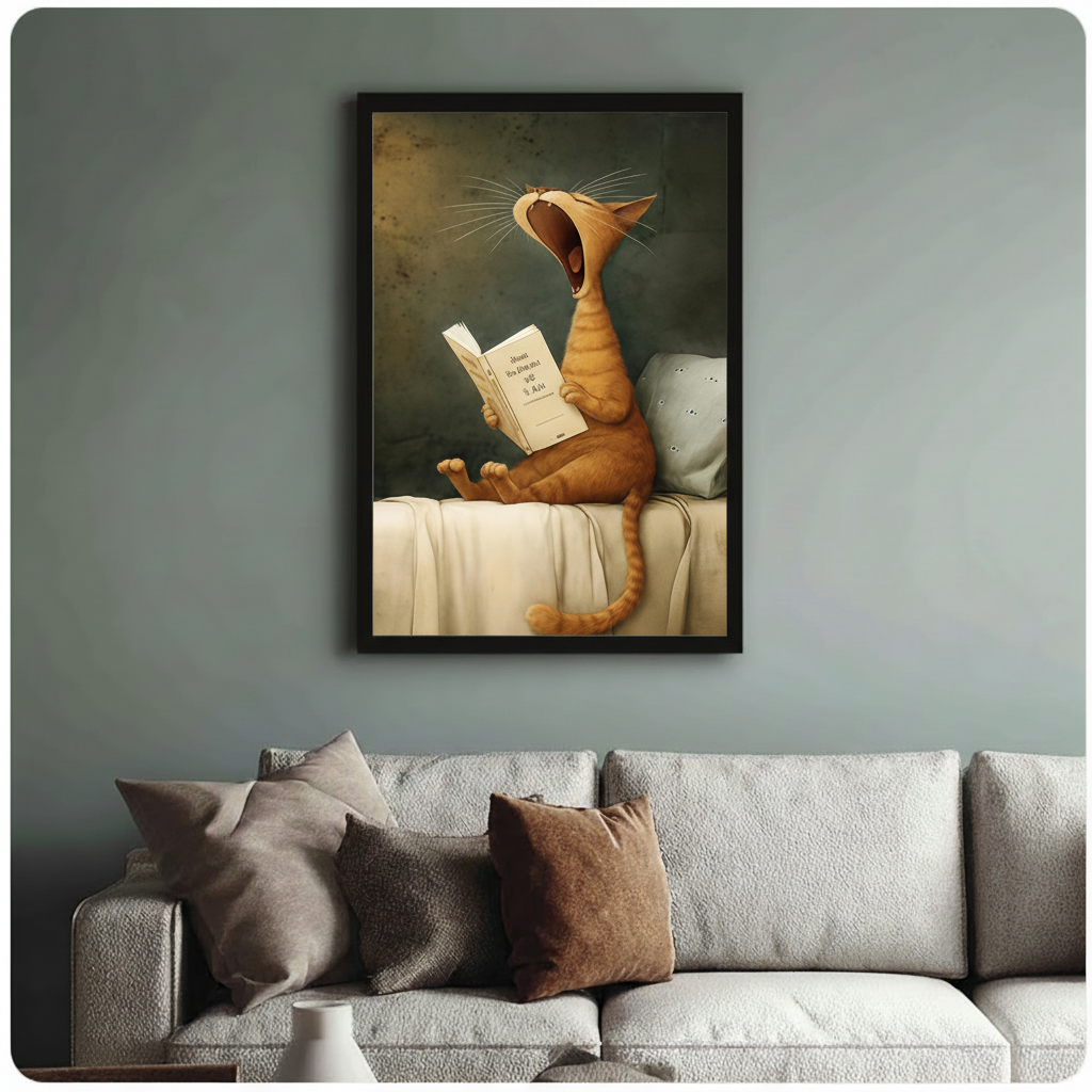 Yawning orange tabby cat with book framed art print above grey bouclé sofa on sage blue wall - funny classical cat canvas wall decor with warm amber and olive tones