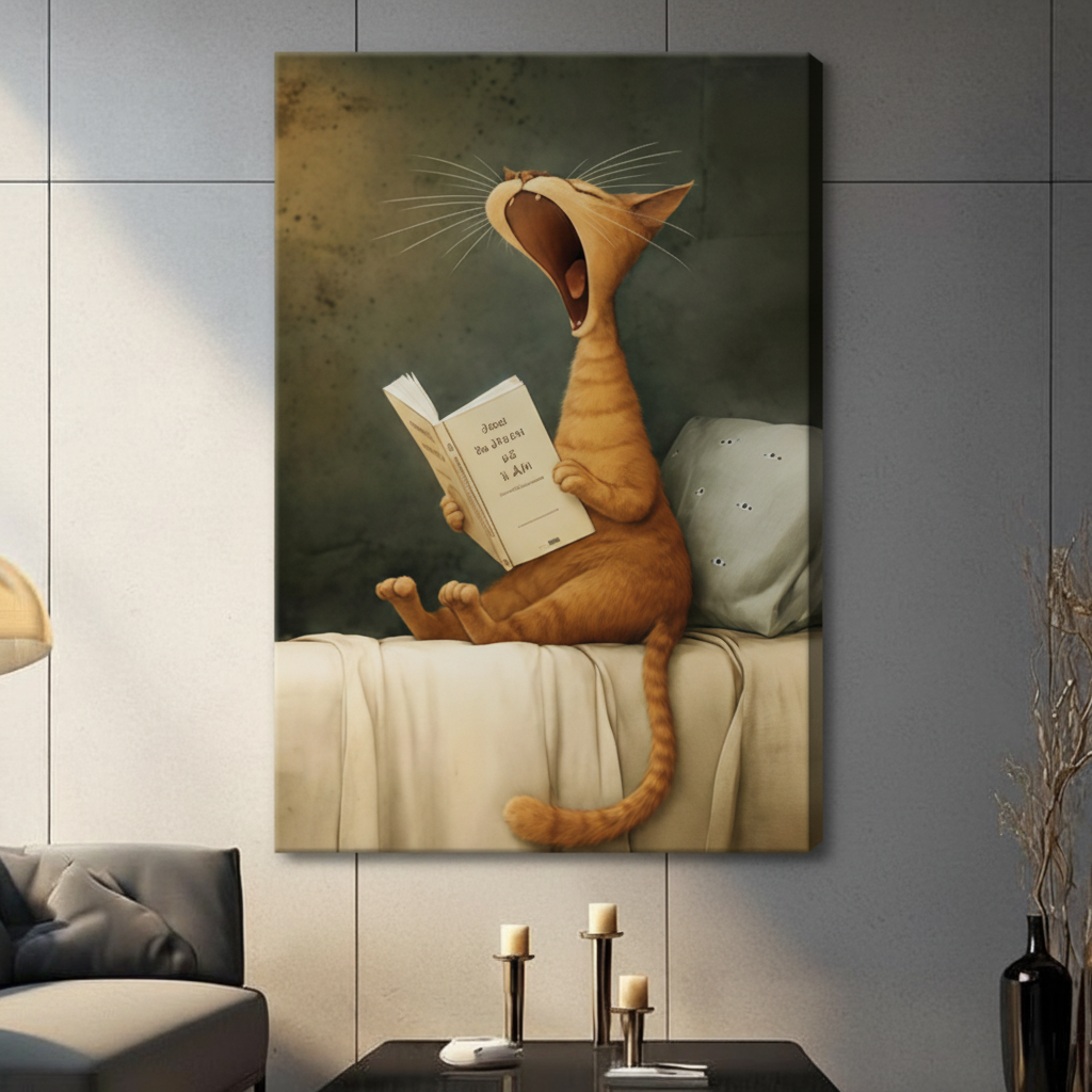 Unframed yawning orange cat reading book on sofa canvas print - whimsical classical style cat wall art with olive green background and cream couch for contemporary home decor