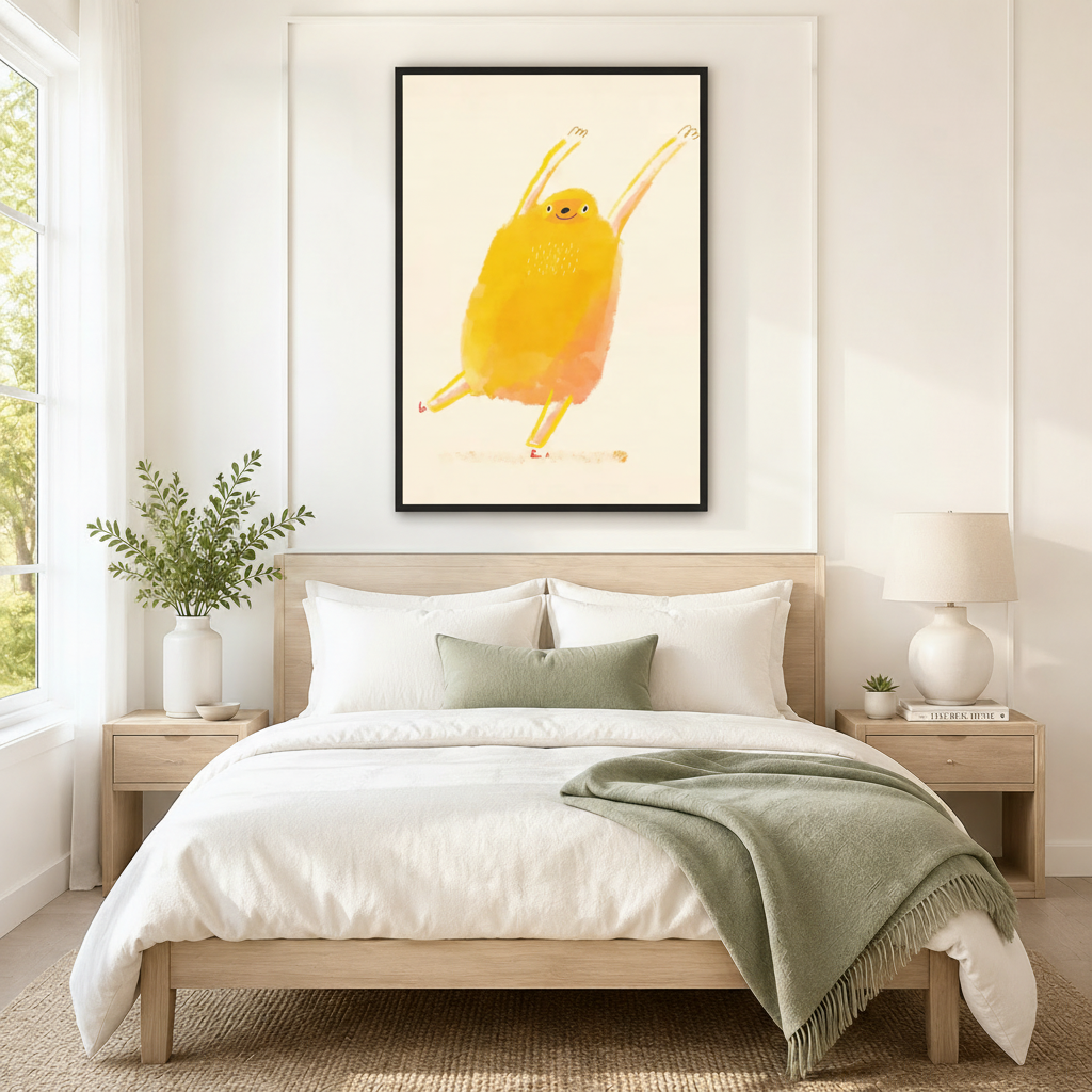 Happy dancing yellow bird framed canvas art displayed above bed headboard in a warm cozy modern bedroom