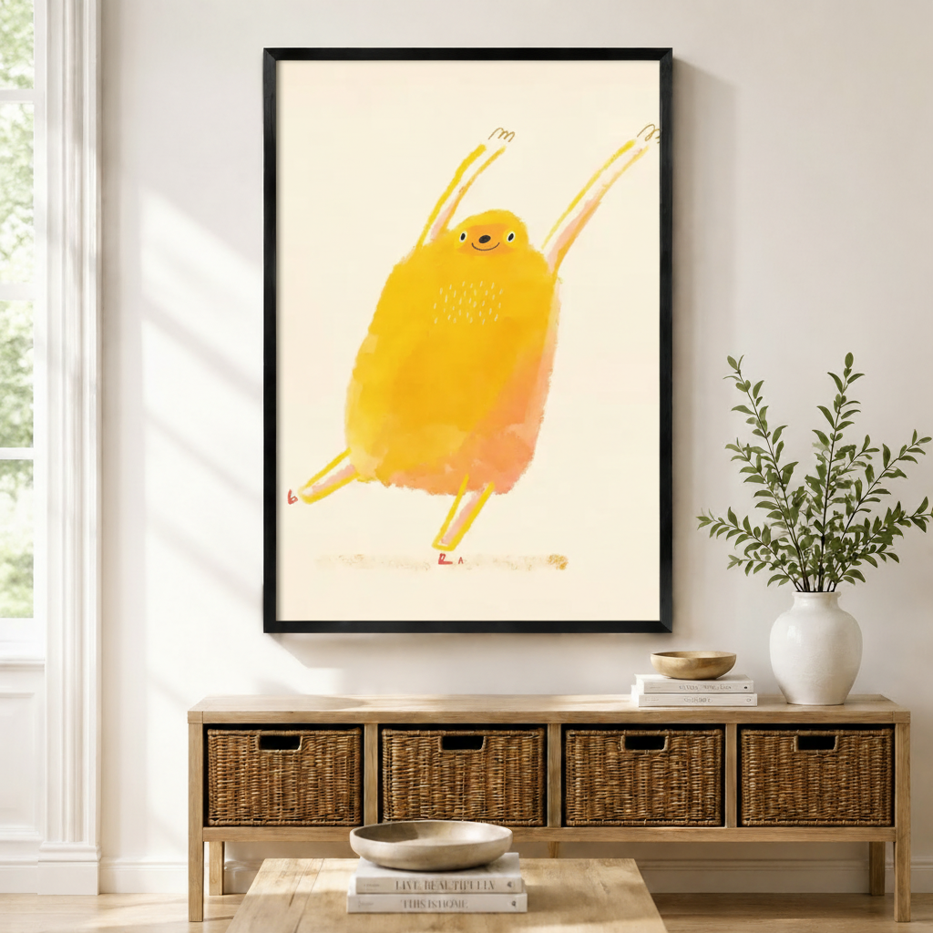 Happy dancing yellow bird framed canvas print displayed above wicker storage bench in a bright modern American entryway