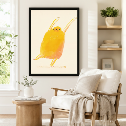 Cheerful dancing yellow bird framed canvas print beside a wooden armchair in a Nordic minimal reading nook