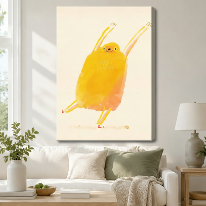 Whimsical yellow watercolor bird stretched canvas wall art hung above white sofa in a cozy Scandinavian living room