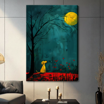 Unframed modern expressionist oil painting small golden yellow puppy looking upward at bright yellow full moon among bare winter tree branches with scattered red poppies on moody deep teal textured background canvas print on light grey tile wall in contemporary living room - dreamy yellow dog moongazing night scene wall art for modern interior decor