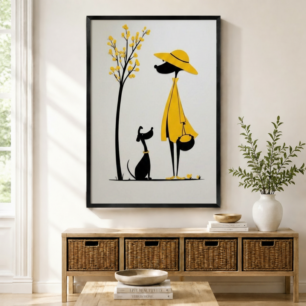 Black framed minimalist illustration of a tall woman in yellow hat and dress standing beside a black dog under a flowering tree, displayed above a rattan storage console in a bright entryway