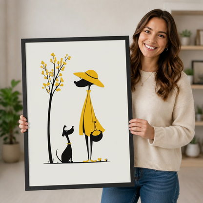 Smiling woman in cream sweater holding a large black framed minimalist yellow dress girl and black dog illustration print in a bright home interior