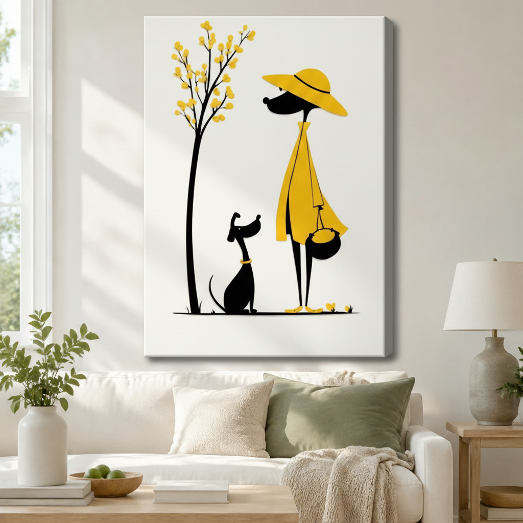 Stretched canvas minimalist yellow dress woman and black dog silhouette wall art hung above a white sofa with sage green cushions in a Scandinavian living room