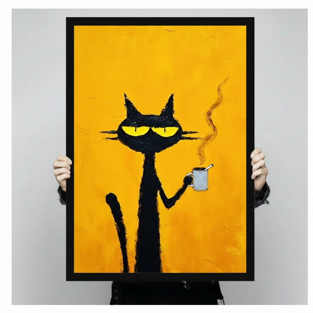 Hands holding a large black framed canvas art print of a moody black cat with glowing yellow eyes clutching a steaming white coffee cup, bold expressive brushstroke oil painting on vivid orange-yellow background against a light gray backdrop
