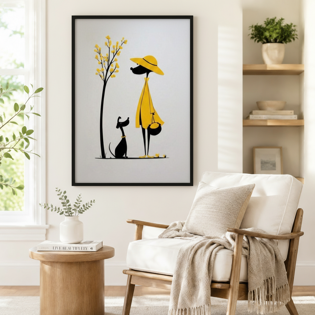 Black framed abstract line art of a woman in yellow sun hat and coat with a seated black dog beside a bare tree, hung on white wall beside a white linen armchair