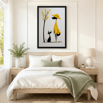 Black framed minimalist yellow hat woman and black dog wall art print hung above a light oak bed with white bedding and sage green throw in a serene Scandinavian bedroom