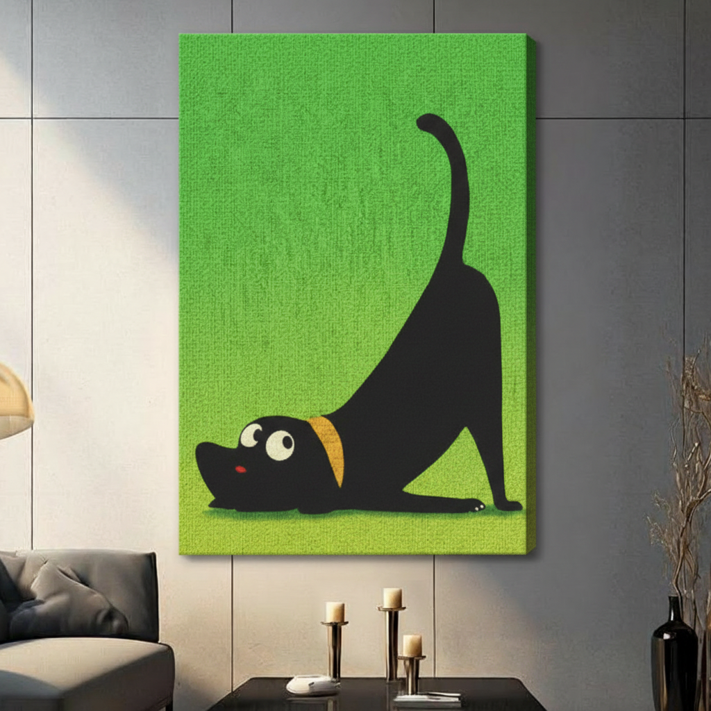 Humorous black dog yoga canvas wrap art print on vibrant green background, frameless wrap style hung on grey wall above dark console with candles
