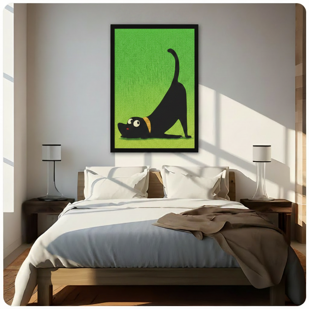 Playful stretching black dog framed wall art with bold green background, displayed in black frame above wooden bed in sunlit modern bedroom
