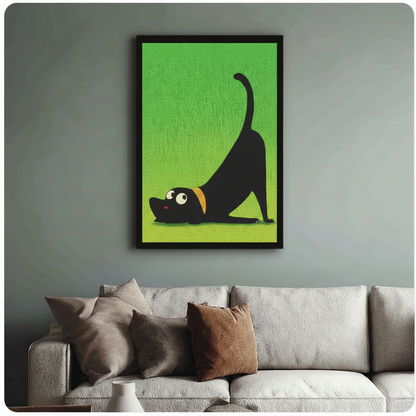 Funny stretching dog wall art in black frame hung above grey linen sofa, bold green background with cartoon black dog in downward stretch pose