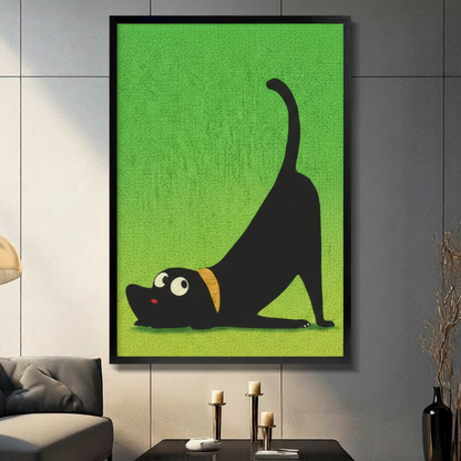 Quirky cartoon black dog in yoga stretch pose, framed art print with bright green background hung on grey wall above dark console table with candle decor
