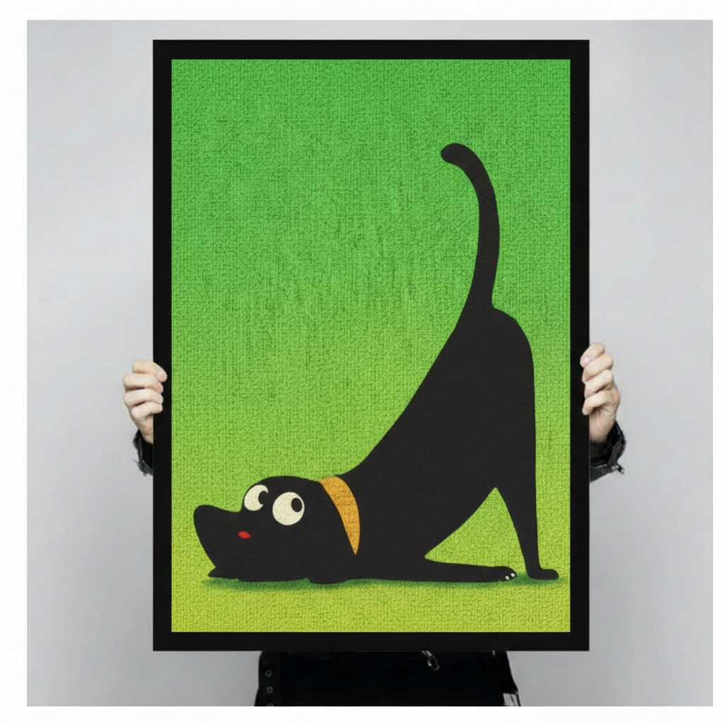 Funny yoga black dog wall art print with vibrant green background and yellow collar, cartoon dog stretching in downward pose, held up in black frame to show full print size
