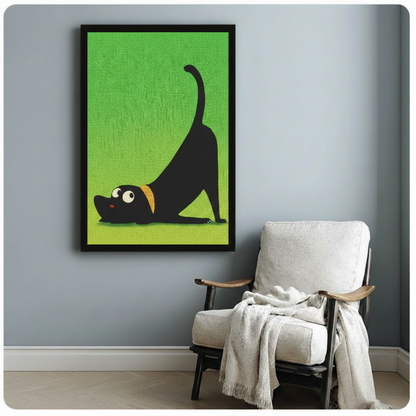 Quirky black dog yoga framed art print with yellow collar on bright green background, displayed in black frame beside white linen armchair in modern reading nook
