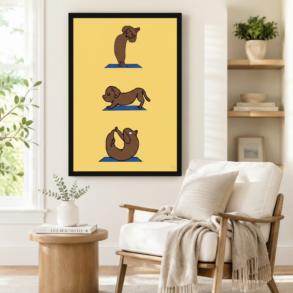 Framed wall art print of a cute dachshund sausage dog in cobra, downward dog, and wheel yoga poses on yellow background, styled beside a linen armchair and round side table