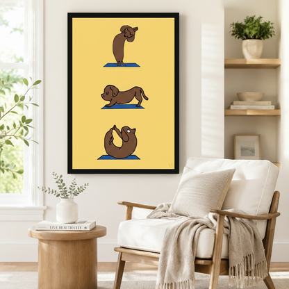 Framed wall art print of a cute dachshund sausage dog in cobra, downward dog, and wheel yoga poses on yellow background, styled beside a linen armchair and round side table