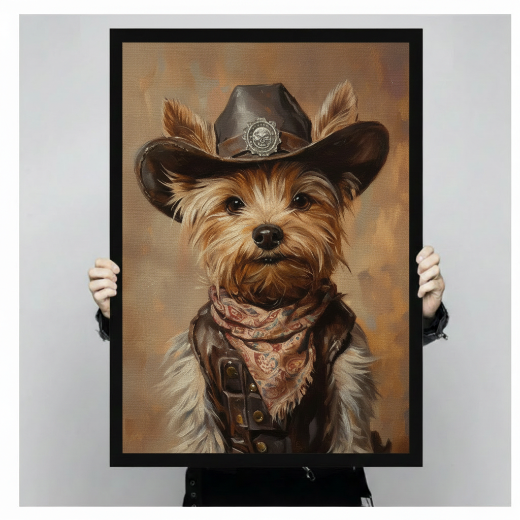 Close-up product shot of a framed Yorkshire Terrier cowboy portrait print being held by hands, showcasing fine art oil painting detail and black frame
