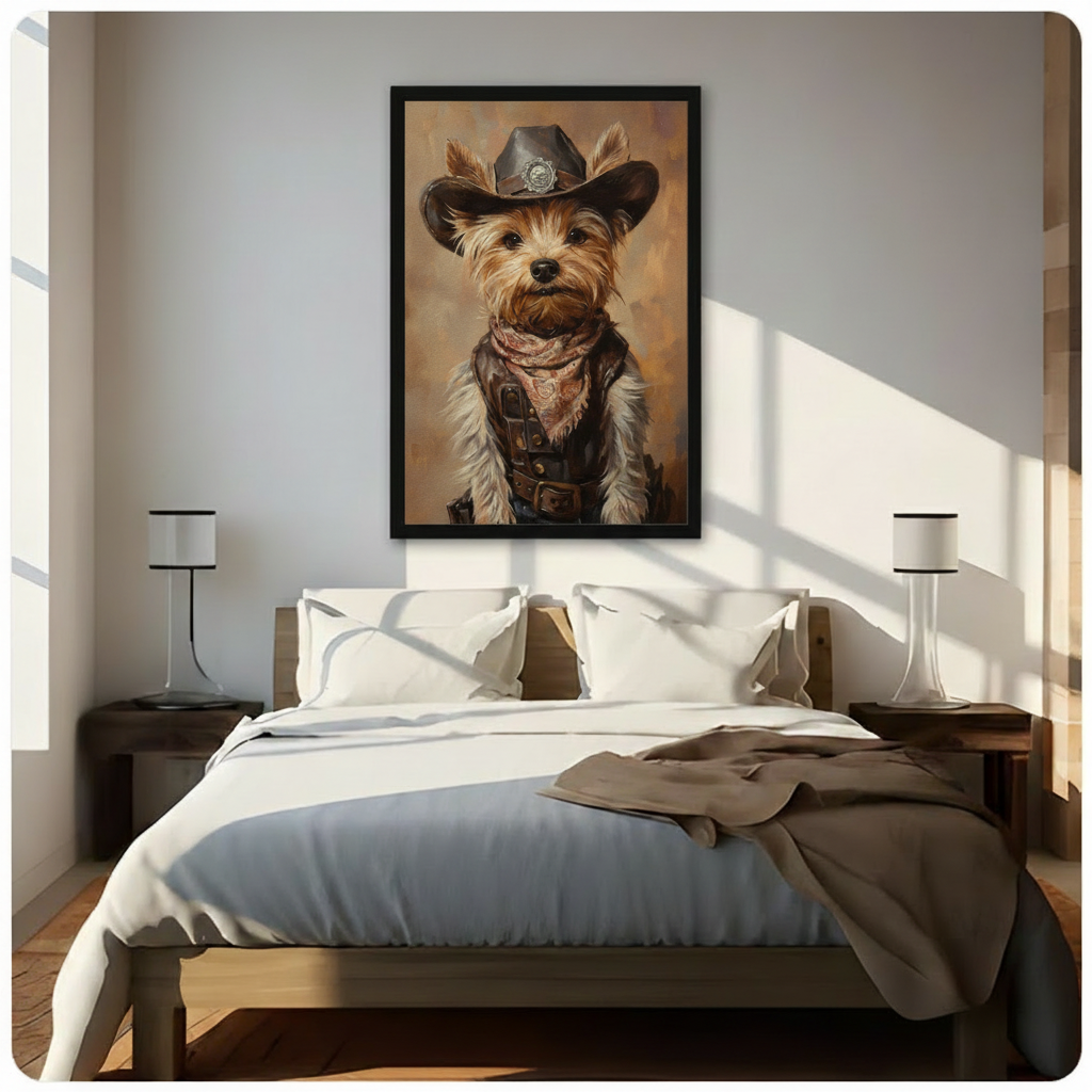 Framed Yorkie cowboy sheriff portrait canvas art hung above a bed in a bright minimalist bedroom with warm natural light