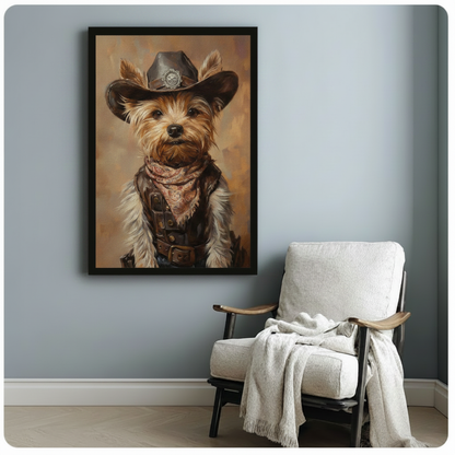 Black framed wall art of a Yorkie dog in western cowboy outfit with paisley bandana, styled above a white armchair in a cozy reading nook