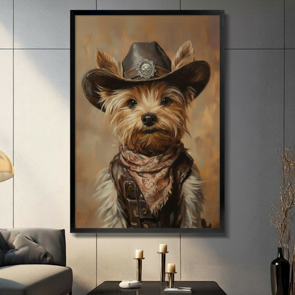 Framed canvas wall art of a Yorkshire Terrier dressed as a cowboy sheriff, displayed in a modern living room above a console table with candles