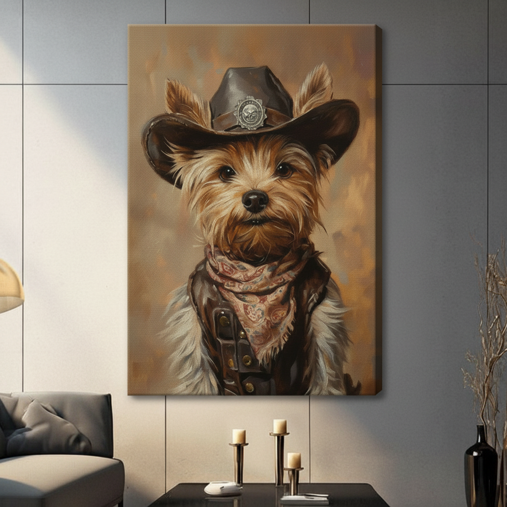 Unframed canvas print featuring a Yorkshire Terrier in cowboy hat and leather vest, hung on a grey wall in a contemporary living room setting