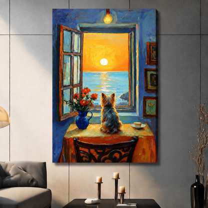 Gallery-wrapped canvas print of a Yorkie dog seated at a café table watching a vibrant sunset over the sea through an open blue window, living room wall display
