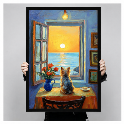 Impressionist-style wall art poster print showing a Yorkie dog sitting at a table by an open window with a glowing ocean sunset, held up for size reference