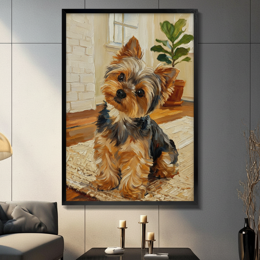 Framed Yorkshire Terrier puppy oil painting wall art displayed in a modern living room with candlestick table and dark gray wall