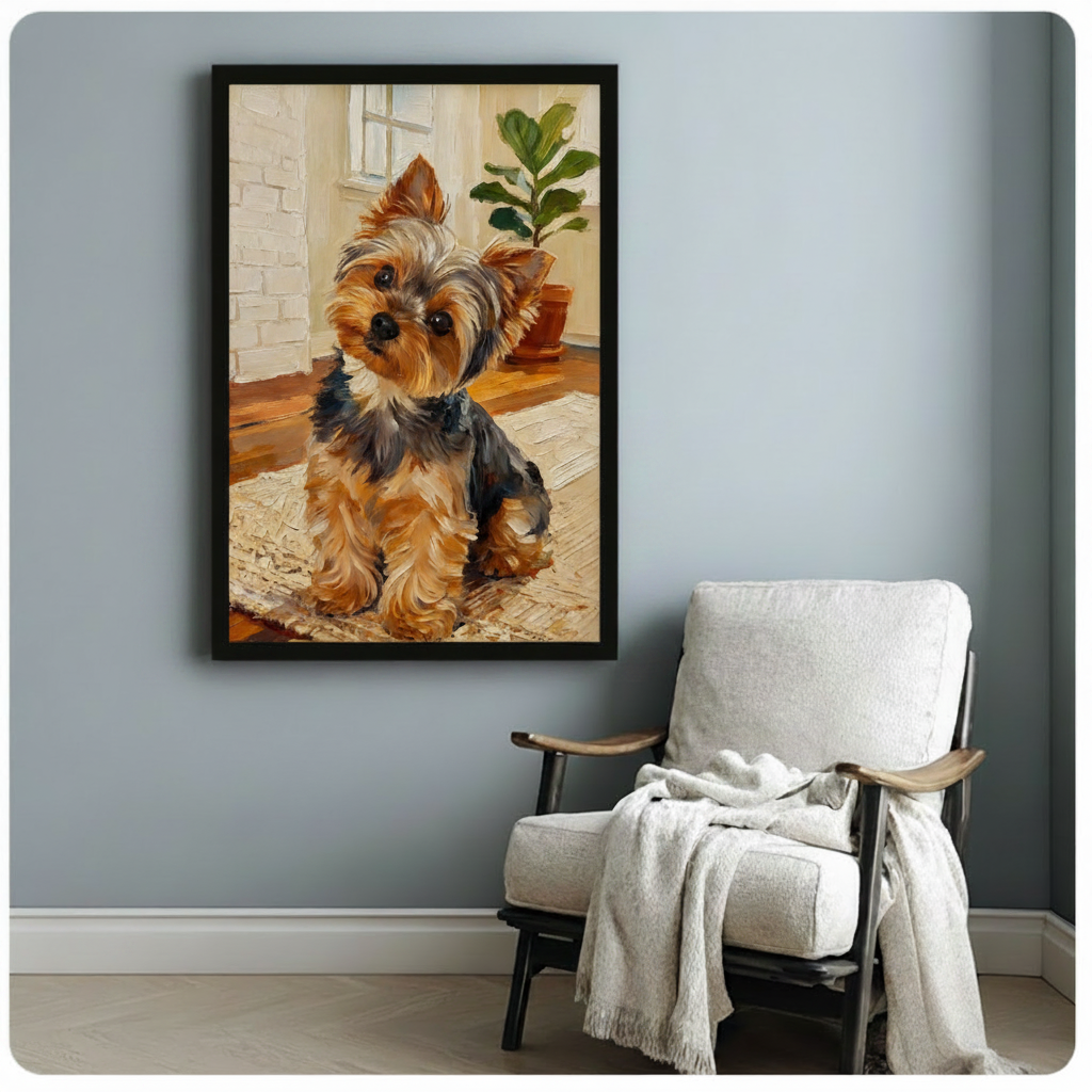 Black framed Yorkie puppy portrait canvas art on a blue-gray wall above a white linen accent chair with cozy throw blanket
