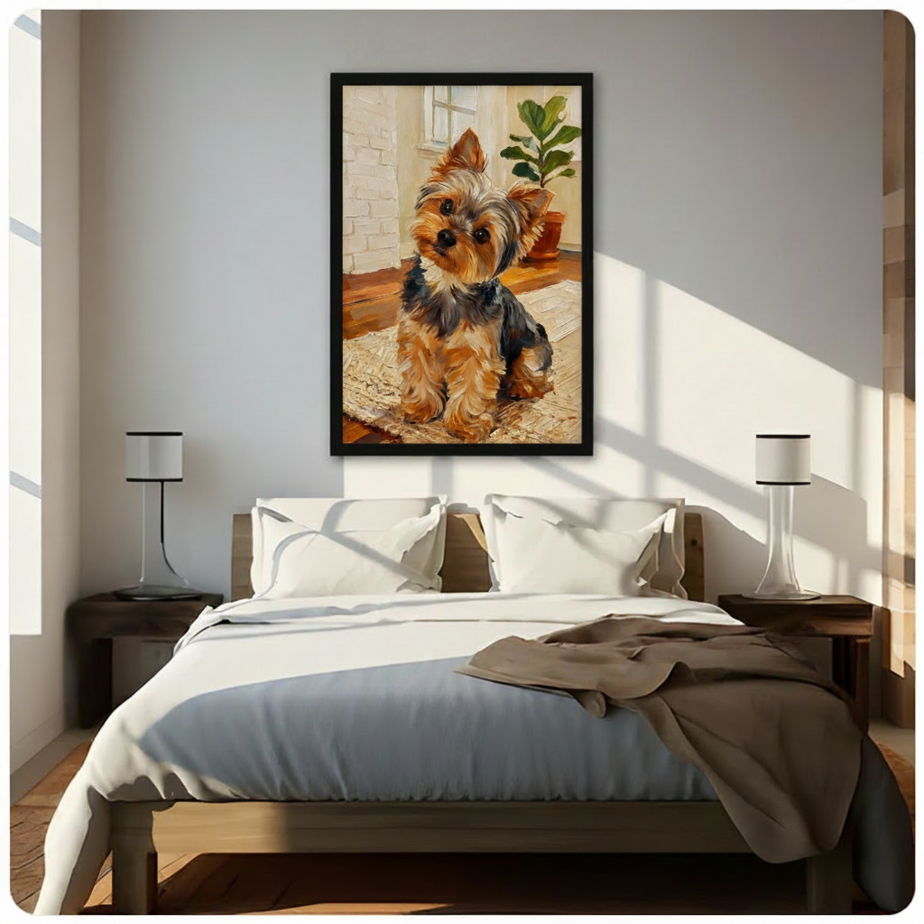 Black framed Yorkie puppy oil painting canvas art hung above a bed in a bright minimalist bedroom with wooden nightstands and white bedding