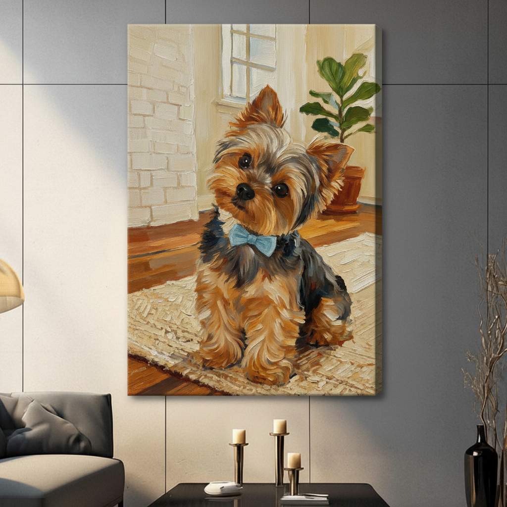 Gallery-wrapped canvas print of a Yorkshire Terrier puppy wearing a blue bow tie, hung on a gray wall in a contemporary living room