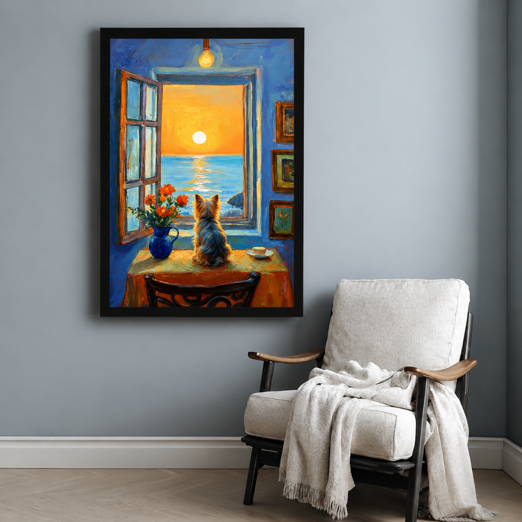 Oil painting style framed art print of a Yorkshire Terrier on a table overlooking a coastal sunset, blue room interior with red flowers, styled beside a white armchair