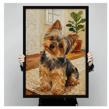 Person holding a black framed Yorkshire Terrier oil painting canvas print showing size reference against a neutral gray background