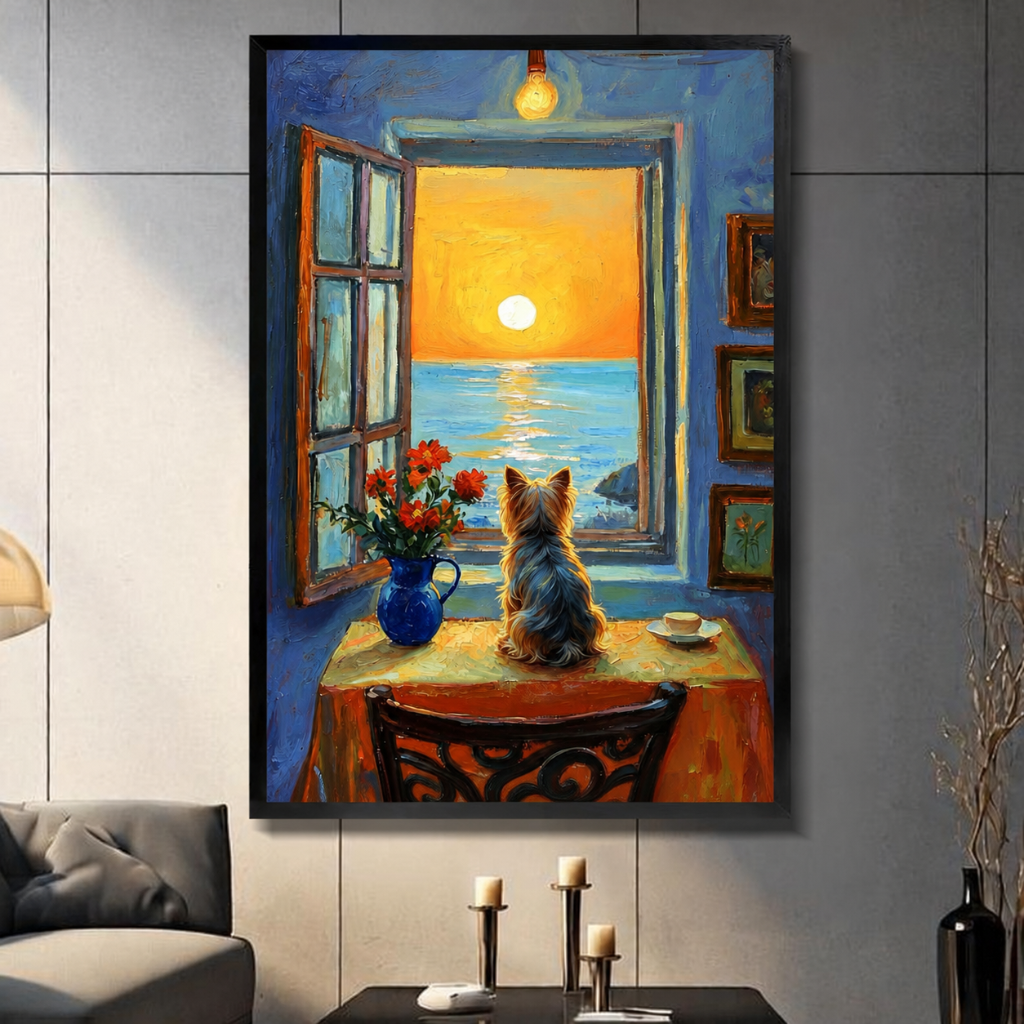 Framed canvas wall art featuring a Yorkshire Terrier sitting on a table gazing at a golden ocean sunset through an open window, displayed in a modern living room