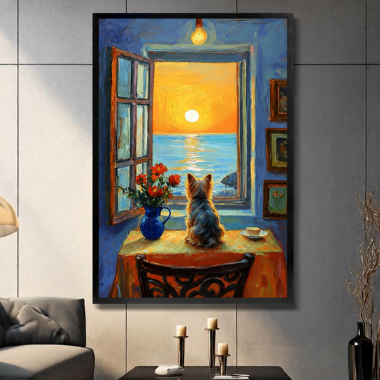 Framed canvas wall art featuring a Yorkshire Terrier sitting on a table gazing at a golden ocean sunset through an open window, displayed in a modern living room