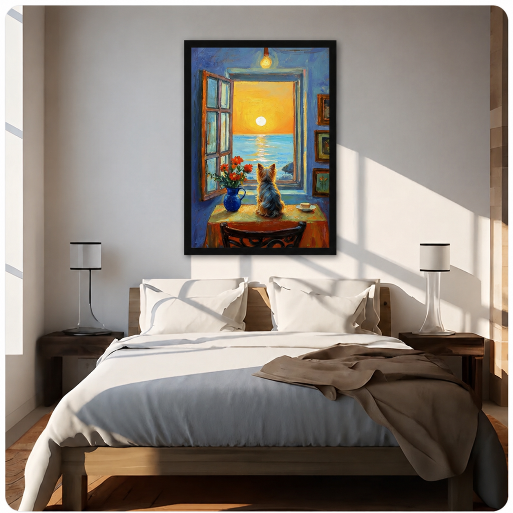 Canvas wall art of a Yorkshire Terrier watching a warm golden sunset through an open seaside window, hung above a bed in a cozy neutral-toned bedroom