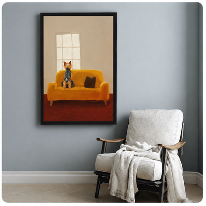 Contemplative Yorkie dog on yellow sofa watching window light, sentimental pet oil painting wall art, black framed print above wooden-arm white chair with draped blanket