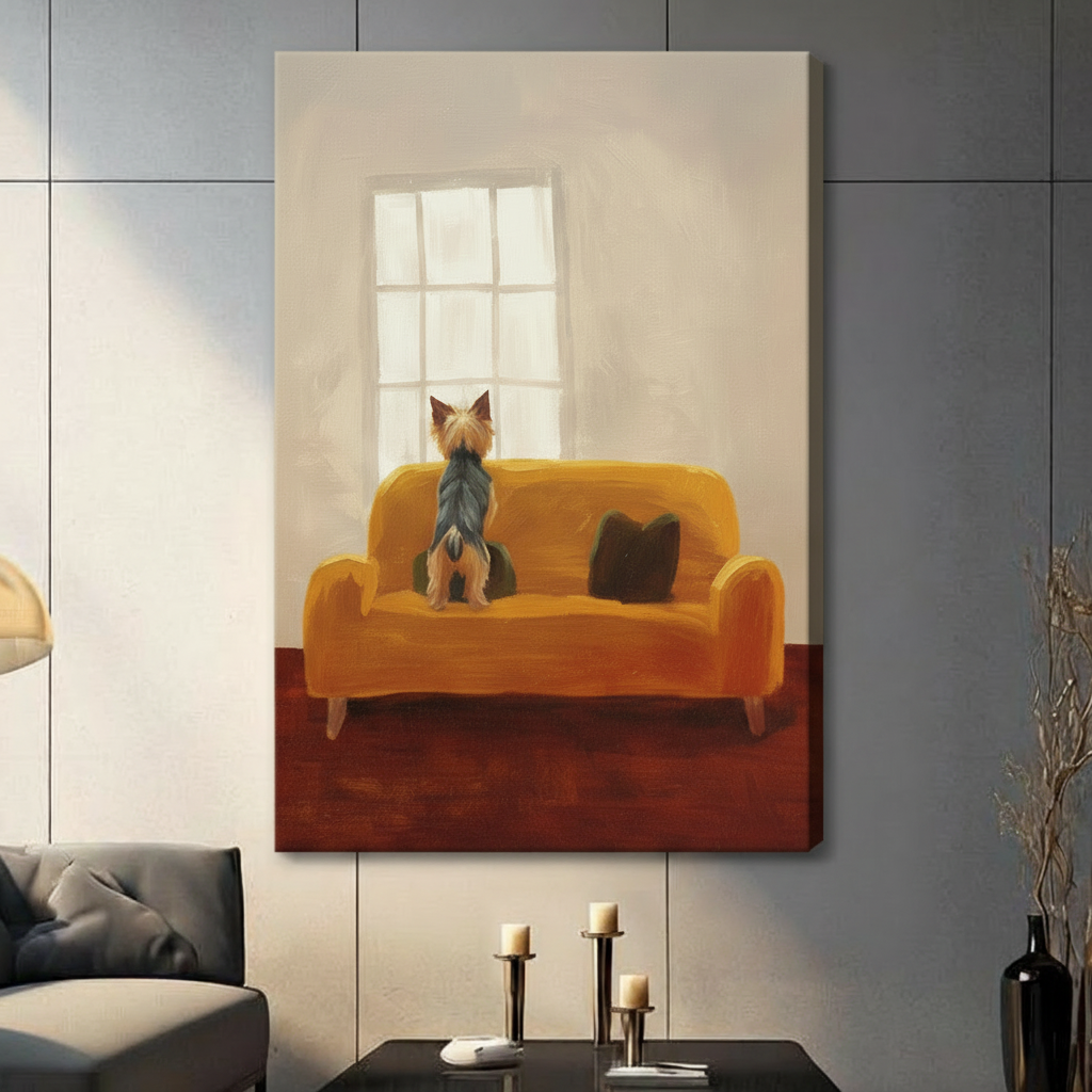 Yorkie dog viewed from behind on mustard yellow couch looking toward glowing window, impasto oil painting style, canvas wrap wall art in contemporary living room setting