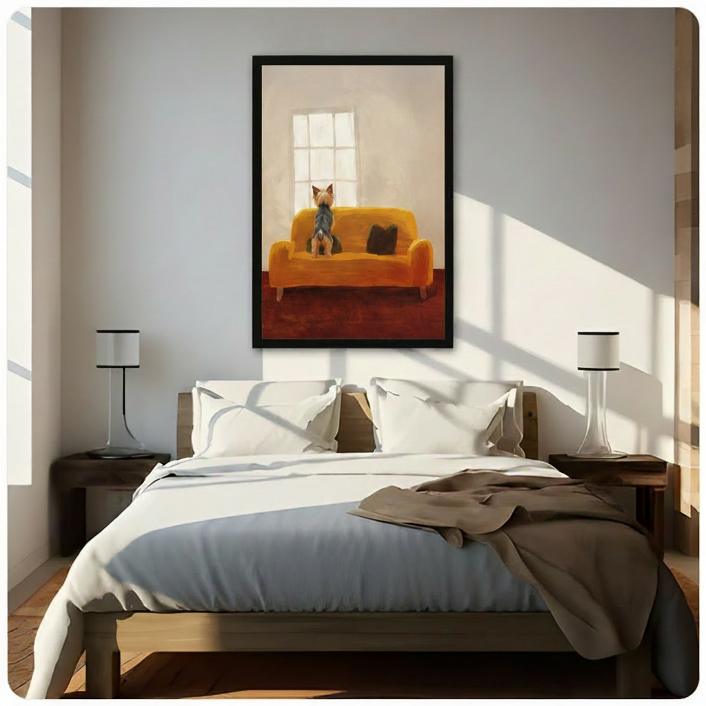 Yorkshire Terrier gazing out window on golden sofa framed wall art above bed in bright minimalist bedroom, warm nostalgic oil painting with bold natural sunlight and dark wood nightstands