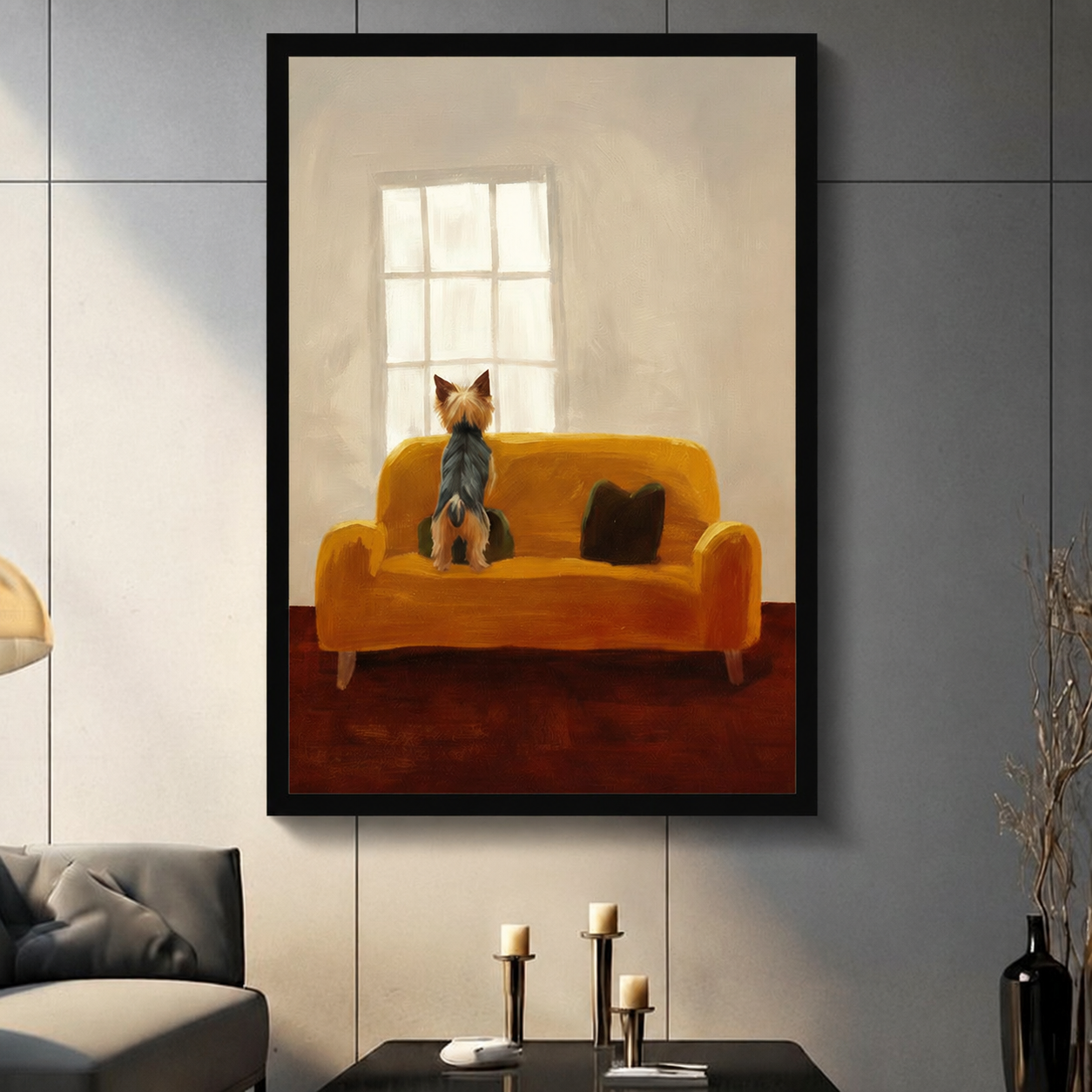  Yorkshire Terrier sitting on a golden yellow sofa gazing out a bright window, warm oil painting wall art in black frame, modern living room with dark sofa and candle holders