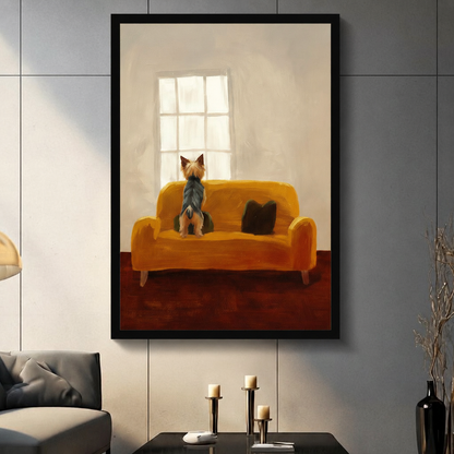  Yorkshire Terrier sitting on a golden yellow sofa gazing out a bright window, warm oil painting wall art in black frame, modern living room with dark sofa and candle holders