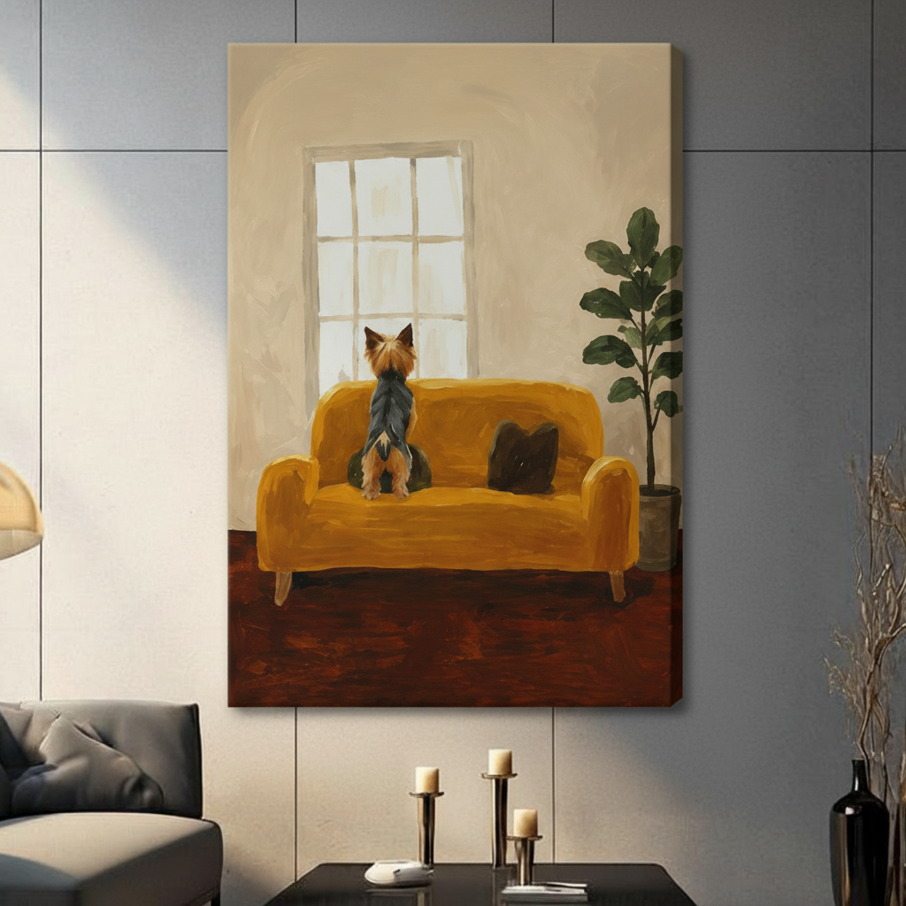 Gallery wrapped canvas art featuring Yorkie dog on golden yellow couch looking toward bright window with fiddle leaf fig plant, hung on dark wall